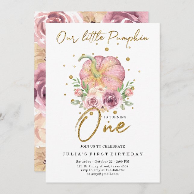 Convite Nosso Pequeno Abóbora Primeiro Rosa De Aniversário (Frente/Verso)