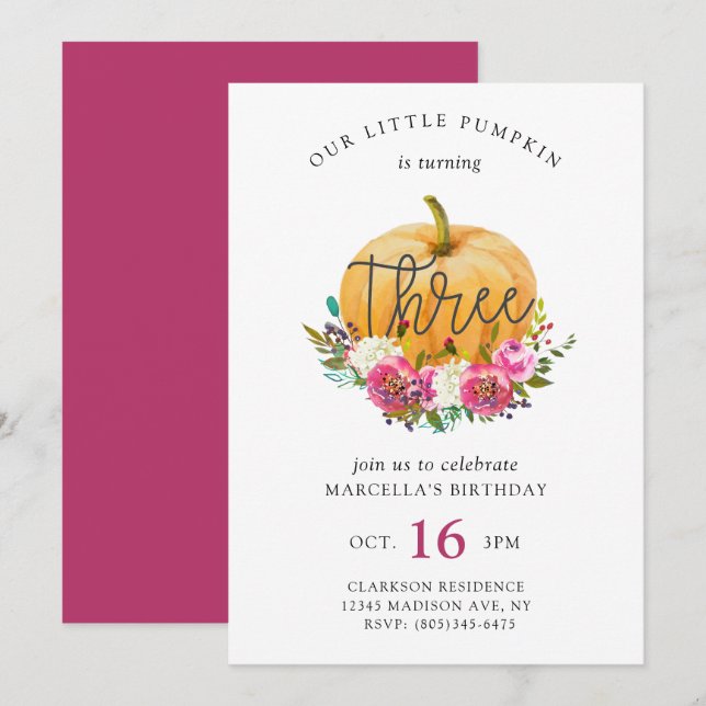 Convite Nosso pequeno aniversário de 3 anos de abóbora (Frente/Verso)