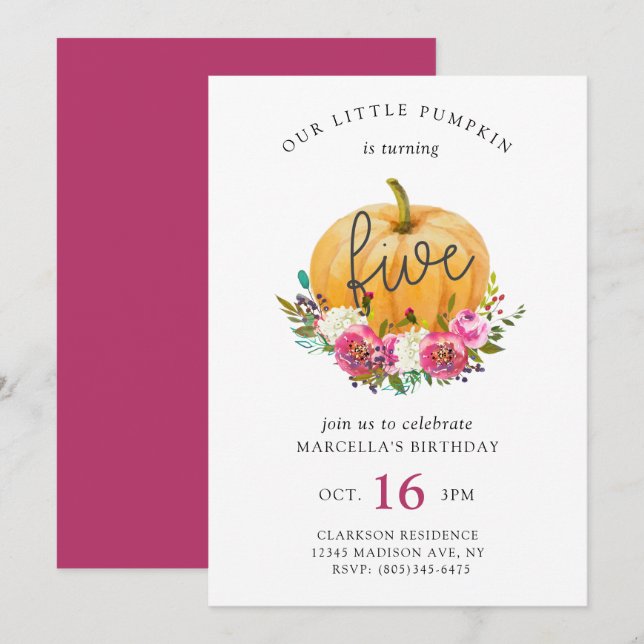 Convite Nosso Pequeno Aniversário de 5 de Abóbora (Frente/Verso)