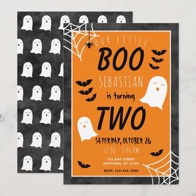 Convite Nosso Pequeno Boo 2º Aniversário Fantasma Dia das  (Frente/Verso)