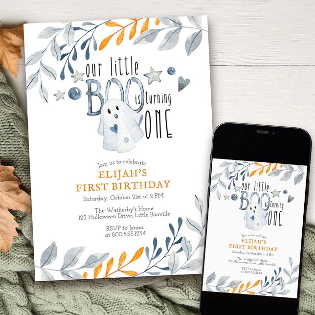 Convite Nosso Pequeno Boo está virando um primeiro anivers (Little Boo 1st Birthday Invitation with halloween theme available printed or as a printable download)