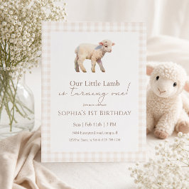 Convite Nosso Pequeno Cordeiro Aniversário Gingham Neutro