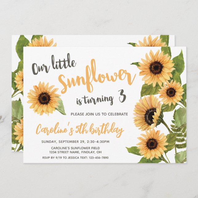 Convite Nosso Pequeno Girassol, Aquarela A Qualquer Idade  (Frente/Verso)