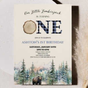 Convite Nosso Pequeno Lumberjack Bear Blue primeiro aniver
