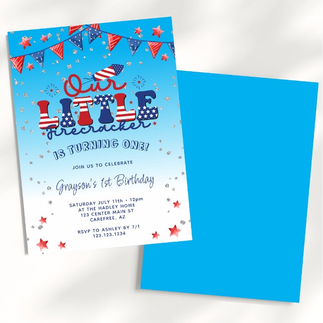 Convite Nosso Pequeno Menino Firecracker Azul 1º Aniversár (Criador carregado)
