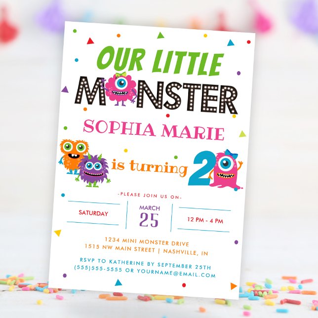 Convite Nosso Pequeno Monstro Festa de Aniversário de cria (Our Little Monster Cute Pink Kids Birthday Party Invitation)