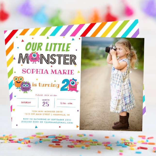 Convite Nosso Pequeno Monstro Foto Rosa Rosa Rosa, Anivers (Our Little Monster Cute Pink Photo Birthday Invitation)