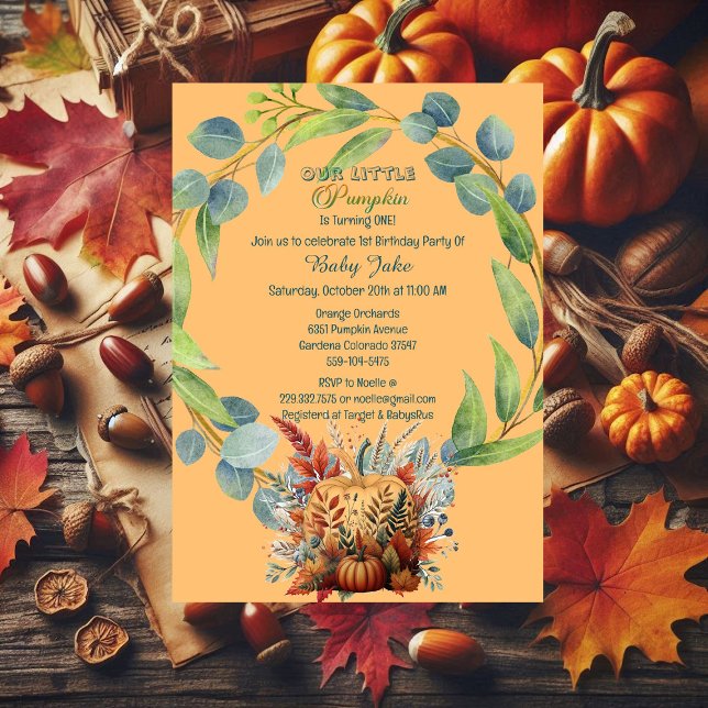 Convite Nosso Pequeno primeiro aniversario De Abóbora Cai  (Our Little Pumpkin 1st Birthday Fall Wreath Orange Invitation)