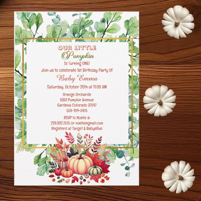 Convite Nosso Pequeno primeiro aniversario de Abóbora, Mur (Little Pumpkin 1st Birthday Green Fall Wreath Invitation)