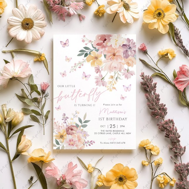 Convite Nosso pequeno primeiro aniversario Floral de Borbo (Little butterfly 1st birthday. Floral butterfly birthday invitation)