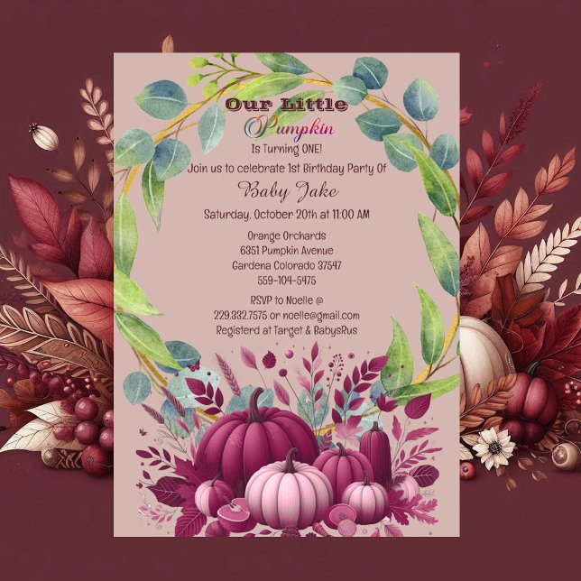 Convite Nosso Pequeno primeiro aniversario Roxo Da Bomba (Our Little Pumpkin Purple 1st Birthday Fall Wreath Invitation)