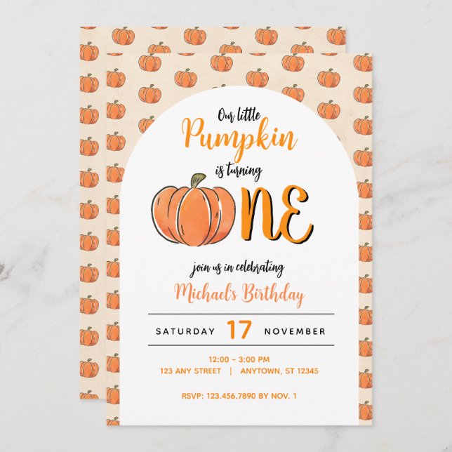 Convite Nosso Pequeno Pumpkin Moderno Queda Aniversário (Frente/Verso)