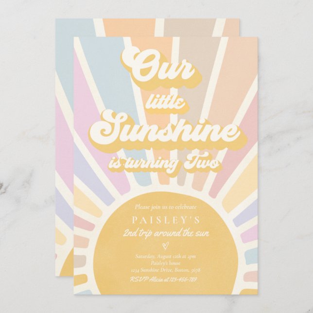 Convite Nosso Pequeno segundo aniversário Sol, Festa Retro (Frente/Verso)