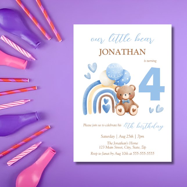 Convite Nosso Pequeno Urso Arco-Íris Balão 4º Aniversário (Criador carregado)