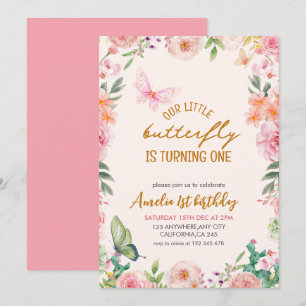 Convite Nosso primeiro aniversario floral rosa de borbolet