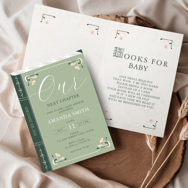 Convite Nosso Próximo Capítulo Storybook Books para Chá de (Our next chapter Storybook Baby Shower Folded Invitation with Books for Baby Inside)