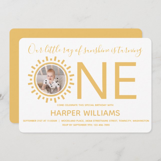 Convite Nosso Raio de Sol Foto Bebê Primeiro Aniversário (Frente/Verso)