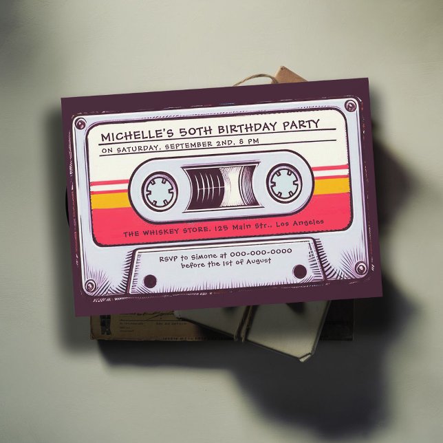Convite Nostalgia Cassette Cassette 80s Diversão 50º Anive (cassette mixtape 80s nostalgia 50th birthday party women vintage retro 70s 60s fun music lover)