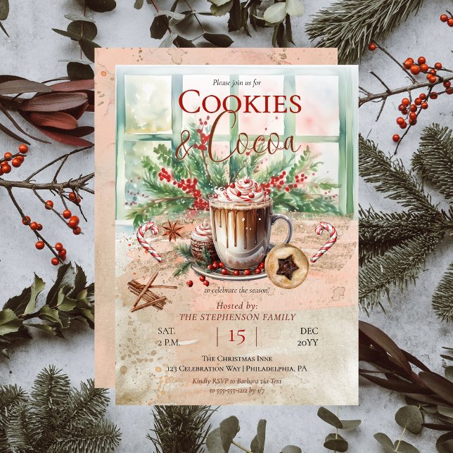Convite Nostalgia Elegante e Festa de Férias de Cacau (Elegant and Nostalgic Cookies and Cocoa Christmas Holiday Party Invitation)