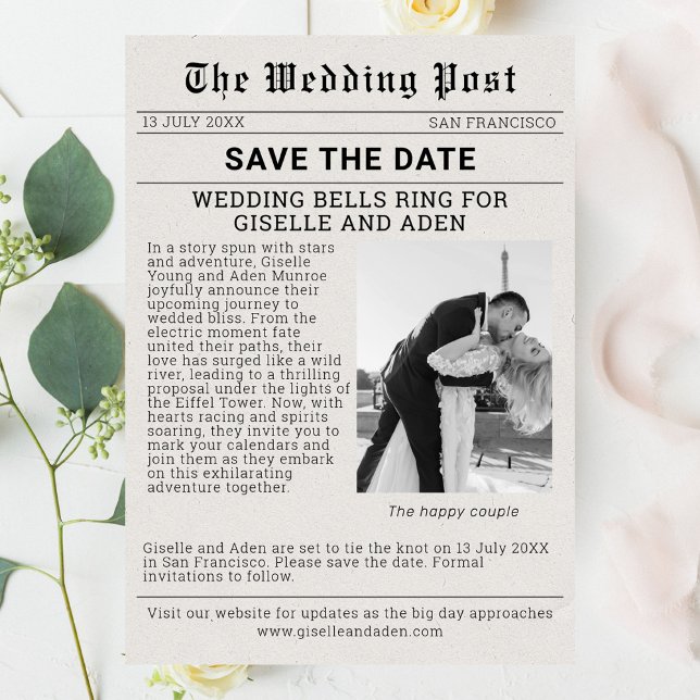Convite Nostalgic Newspaper Casamento Salve a Data (Newspaper Wedding Save the Date)