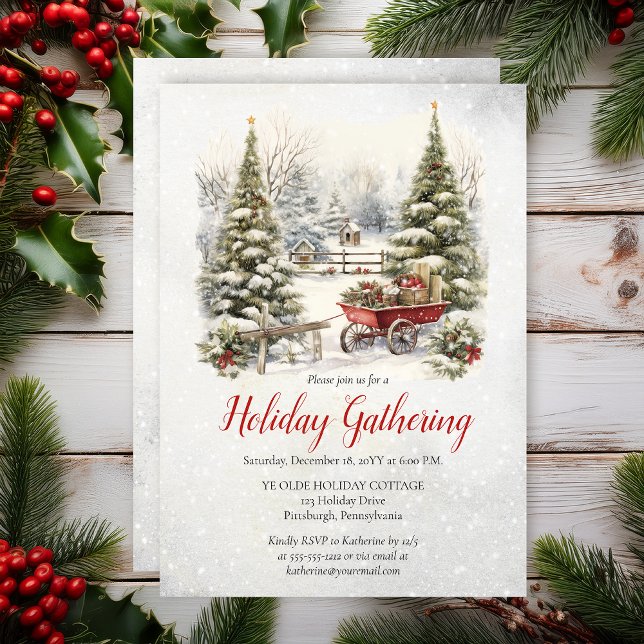 Convite Nostalgic Vintage Holiday Tree Christmas Gathering (Nostalgic Vintage Holiday Tree Christmas Gathering Party Invitation - Print | Digital Download)