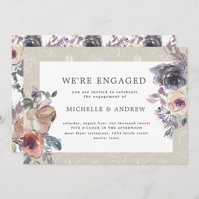 Convite nostálgico indigo blush noivado floral (Frente/Verso)