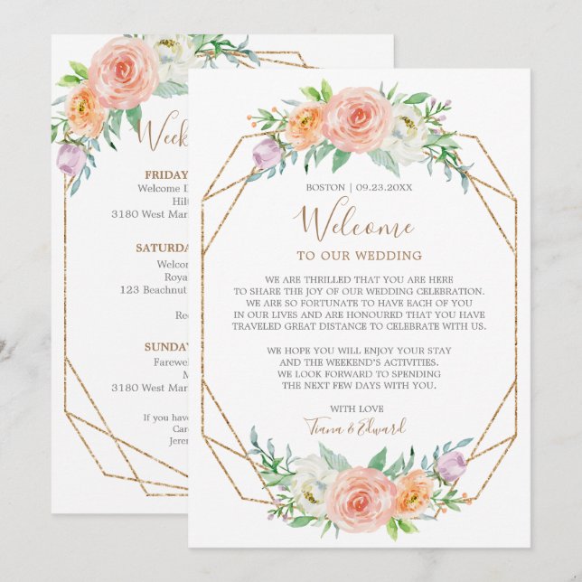 Convite Nota de Boas-Vindas de Casamento de Flor de Aquare (Frente/Verso)