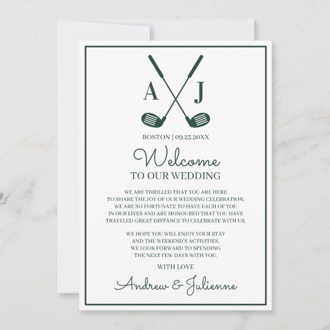 Convite Nota de Boas-Vindas de Casamento de Golfe Branco e (Frente)
