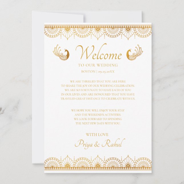 Convite Nota de Boas-Vindas de Casamento Indiano com Padrã (Frente)