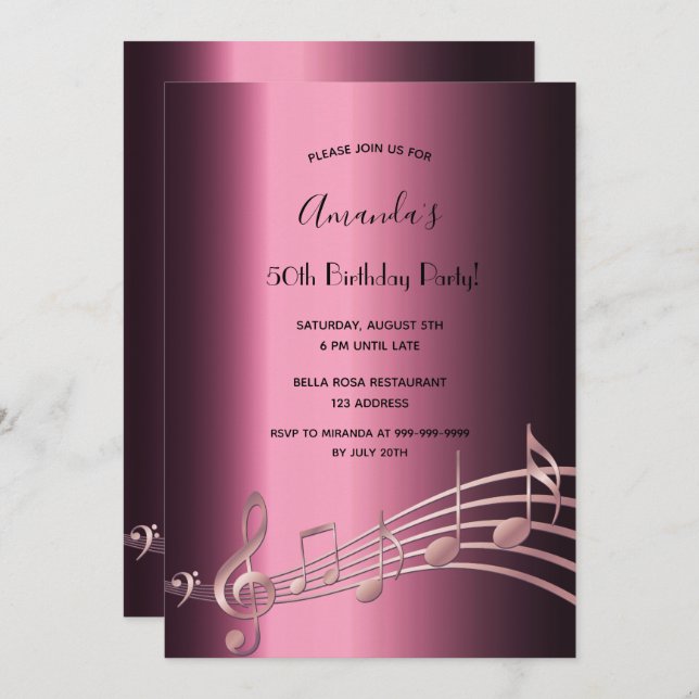 Convite Nota de festa de aniversário de música roxa (Frente/Verso)