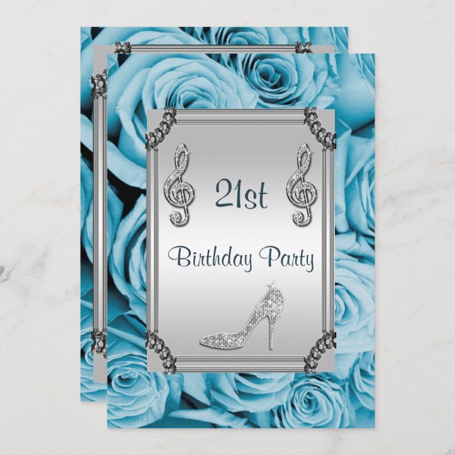 Convite Nota musical Diamond, Stiletto e Rosas Azuis 21 ru (Frente/Verso)