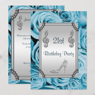 Convite Nota musical Diamond, Stiletto e Rosas Azuis 21 ru