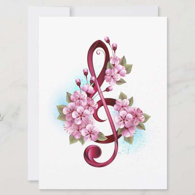 Convite Notas de clave de trecho musical com flores de Sak (Frente)