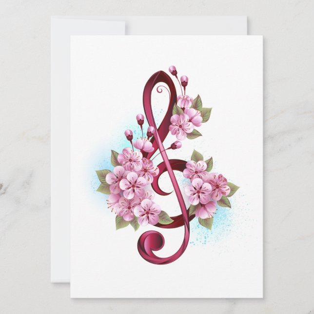 Convite Notas de clave de trecho musical com flores de Sak (Frente)