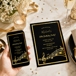 Convite Notas de festa de aniversário preto de ouro