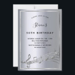 Convite Notas de prata de aniversário<br><div class="desc">Uma carta moderna de 50ª convite de aniversário. Um fundo com aparência de prata falsa,  com uma imagem e notas musicais,  letras negras coloridas. Personalize e adicione um nome e informações da parte.</div>