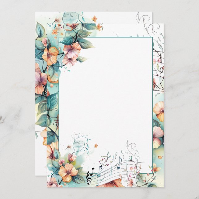 Convite Notas e flores de música aquáticas (Frente/Verso)