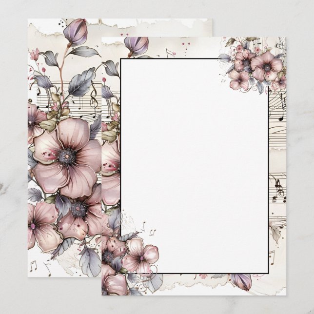 Convite Notas e flores de música aquáticas (Frente/Verso)