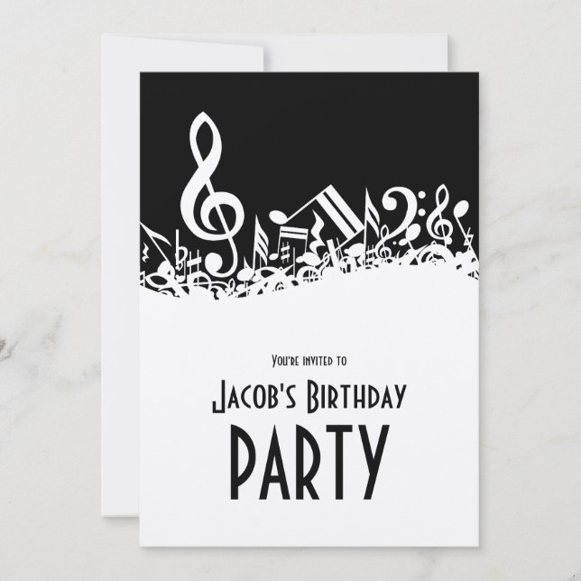 Convite Notas Musicais Brancas Personalizadas em Preto (Frente)