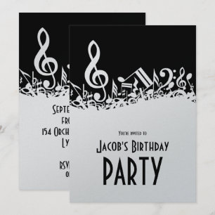 Convite Notas Musicais Brancas Personalizadas em Preto