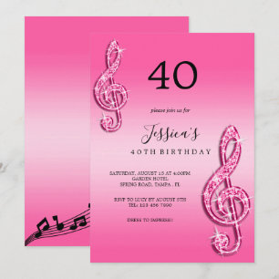Convite Notas Musicais Cor-de-Rosa Espetaculares Aniversár