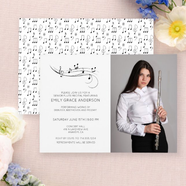 Convite Notas Musicais de Recital de Flauta Foto Preto e B (Easily personalize this recital invite with your photo and details.)