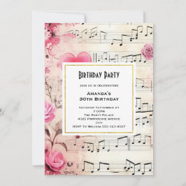 Convite Notas Musicais e Rosas Design Vintage Aniversário