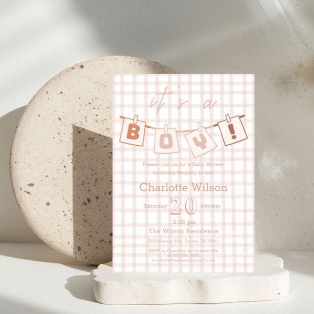 Convite Notedry Brown Gingham, Chá de bebê bonito (Criador carregado)