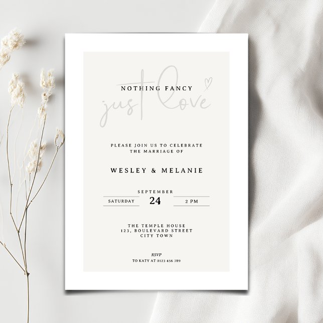 Convite Nothing Fancy Just Love Beige Elegant Wedding (Nothing fancy just love minimalist wedding invitation)