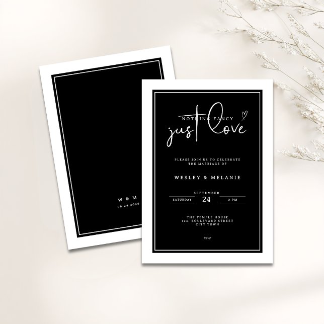 Convite Nothing Fancy Just Love Black Elegant Wedding (Nothing fancy just love minimalist wedding invitation in black and white colors)