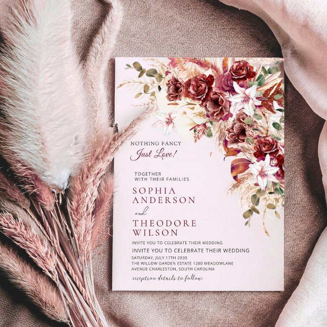 Convite Nothing Fancy Just Love Burgundy Floral Qr Wedding (Criador carregado)