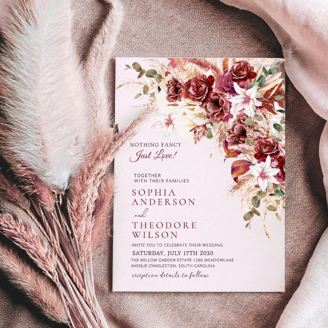 Convite Nothing Fancy Just Love Burgundy Floral Qr Wedding (Criador carregado)