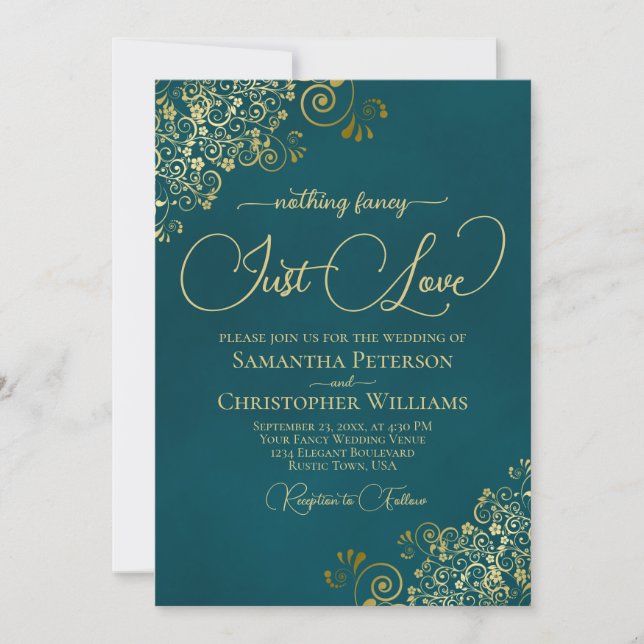 Convite Nothing Fancy Just Love Deep Teal & Gold Wedding (Frente)
