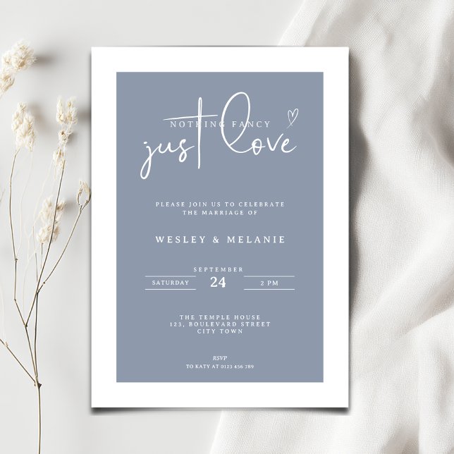 Convite Nothing Fancy Just Love Dust Blue Elegant Wedding (Nothing fancy just love minimalist wedding invitation in dusty blue color)